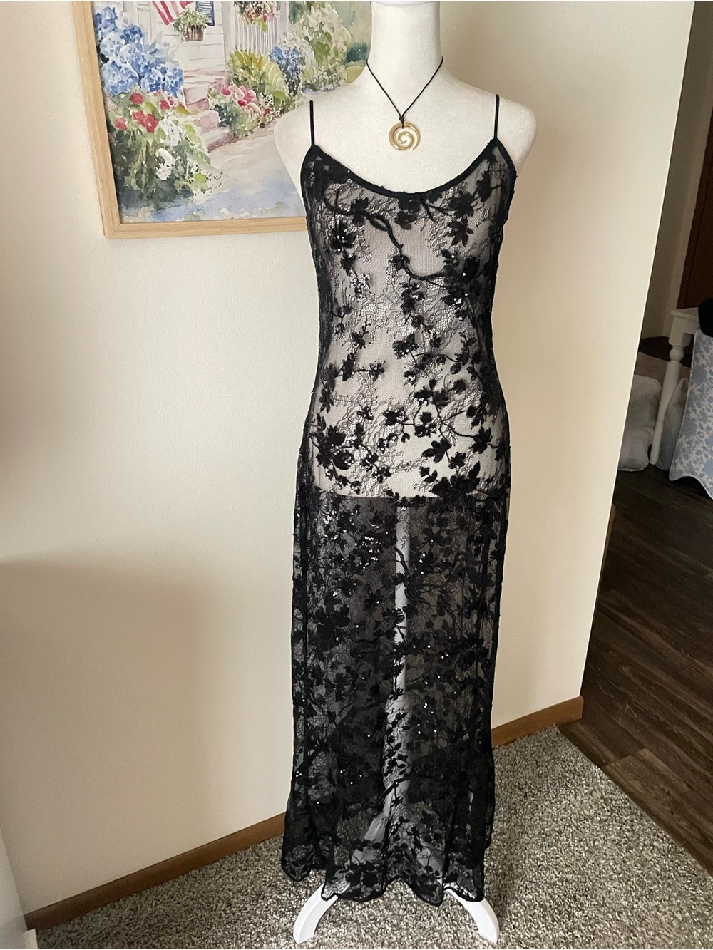 Reformation Parma Black Floral Sequin Lace Sheer Maxi Slip Dress Smalll